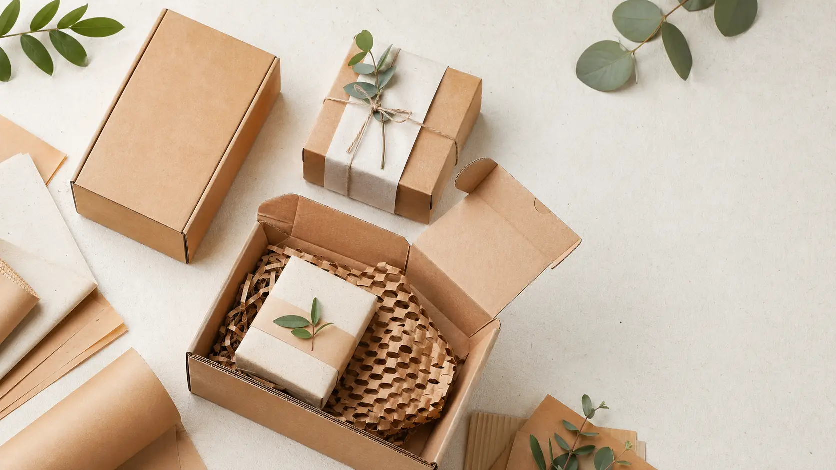 Eco-friendly kraft packaging with recyclable boxes and paper inserts
