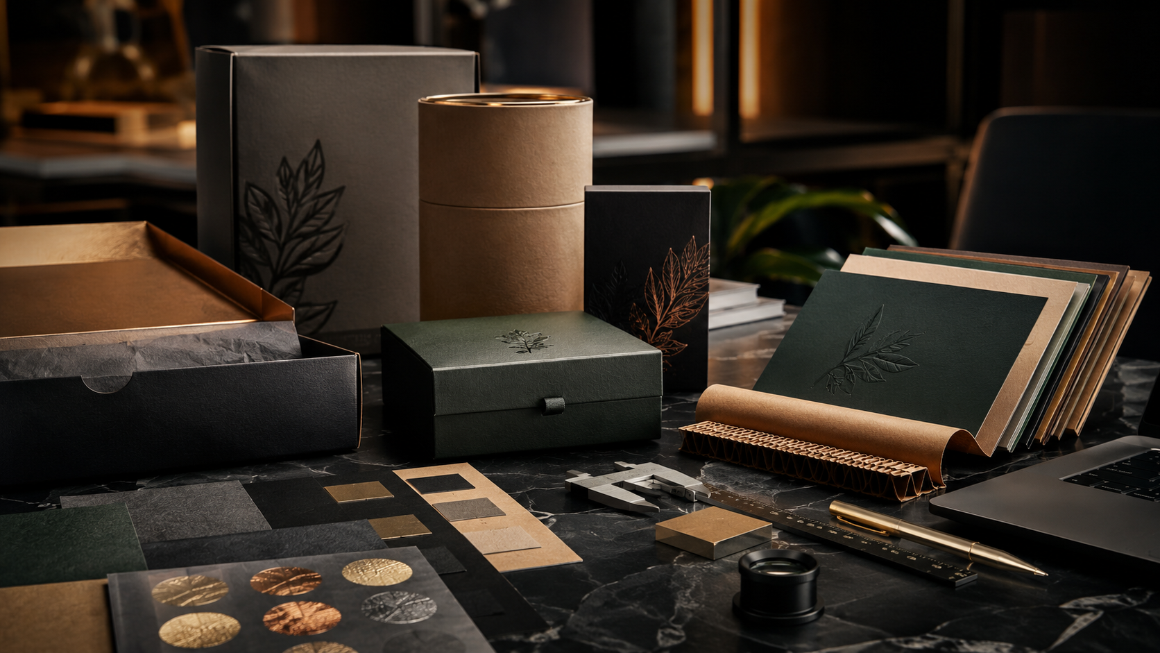Custom packaging samples and material swatches on premium desk